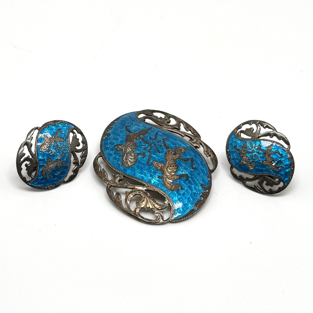 Vintage Siam Silver and Blue Enamel Brooch Earring Set Thai God and Goddess
